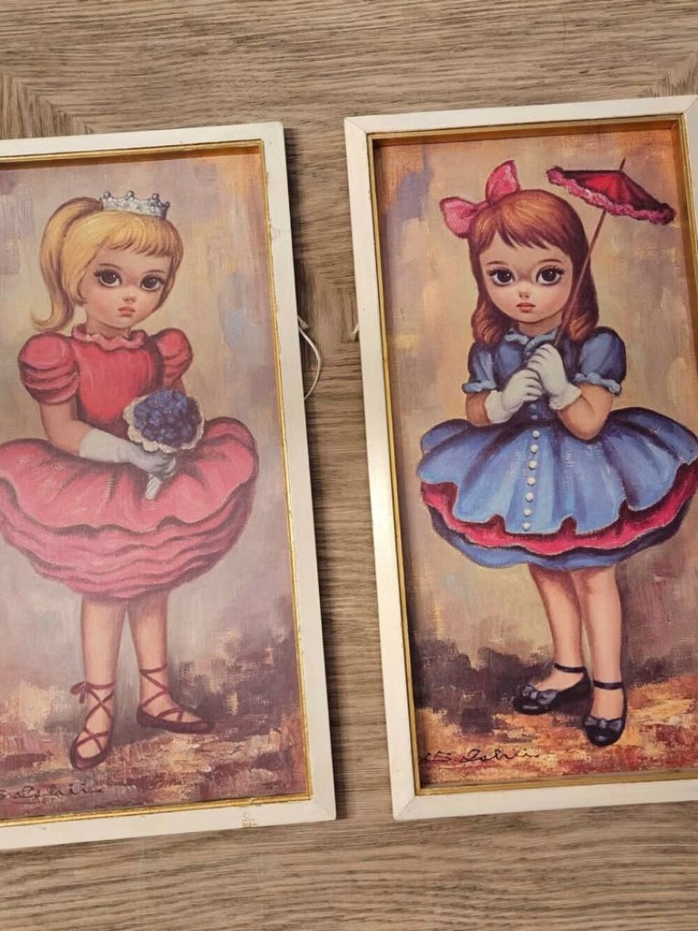 Vintage 1960's Big Eyed Girls Framed Lithograph Prints - Ishii JAPAN